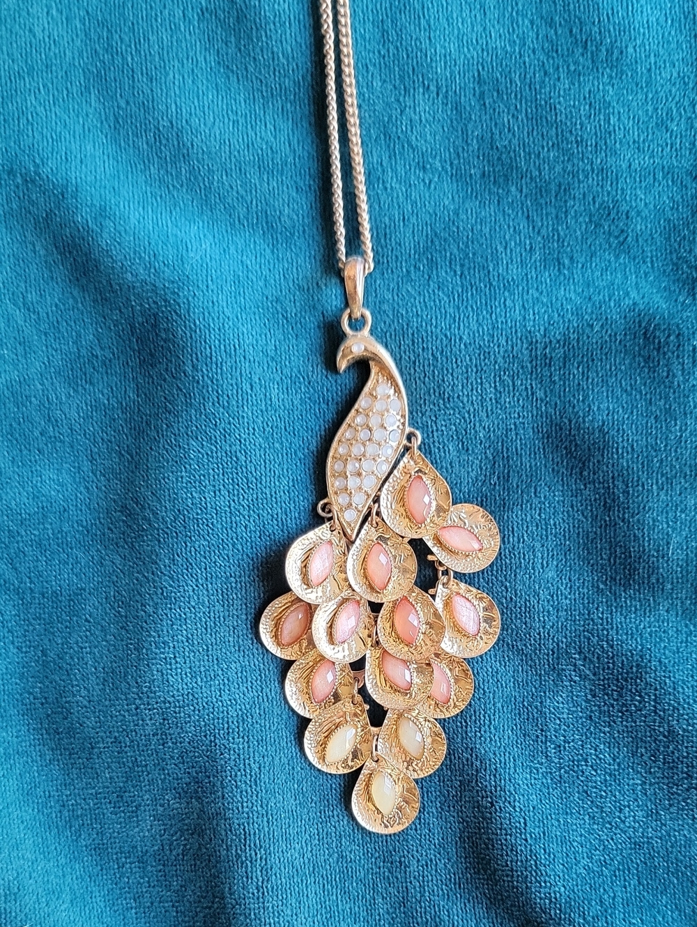 Gold-Tone Peacock Pendant Necklace with Pink Accents